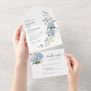 Elegant Blue White Roses Floral All In One Invitation