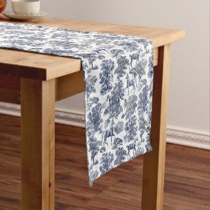 Elegant Blue White Rustic Horses Toile Short Table Runner