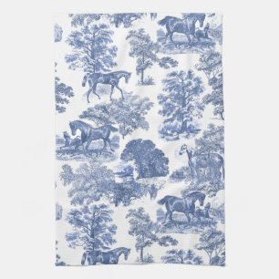 Elegant Blue White Rustic Horses Toile   Tea Towel