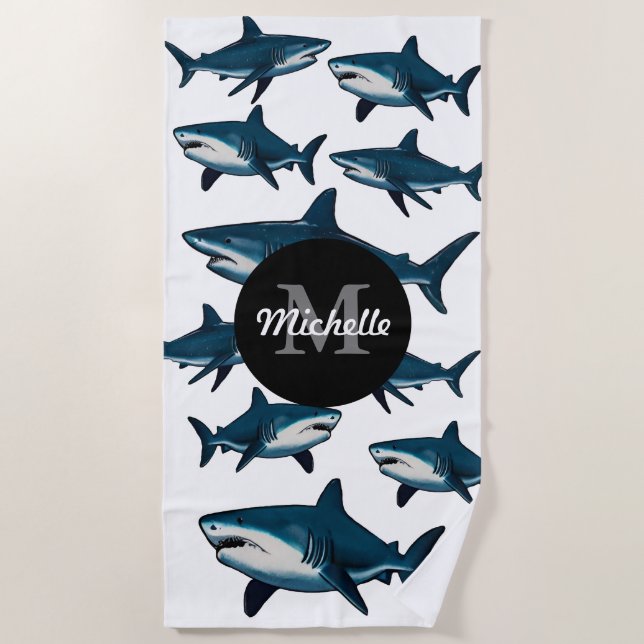Elegant blue white shark Personalised Monogram   Beach Towel (Front)
