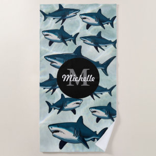Elegant blue white shark Personalised Monogram Beach Towel