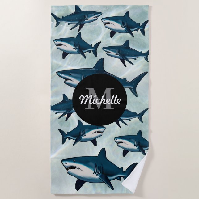 Elegant blue white shark Personalised Monogram   Beach Towel (Front)