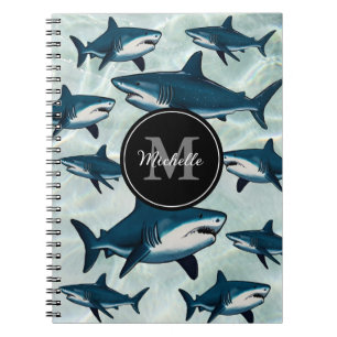Elegant blue white shark Personalised Monogram     Notebook