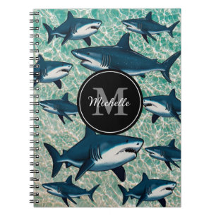 Elegant blue white shark Personalised Monogram Notebook