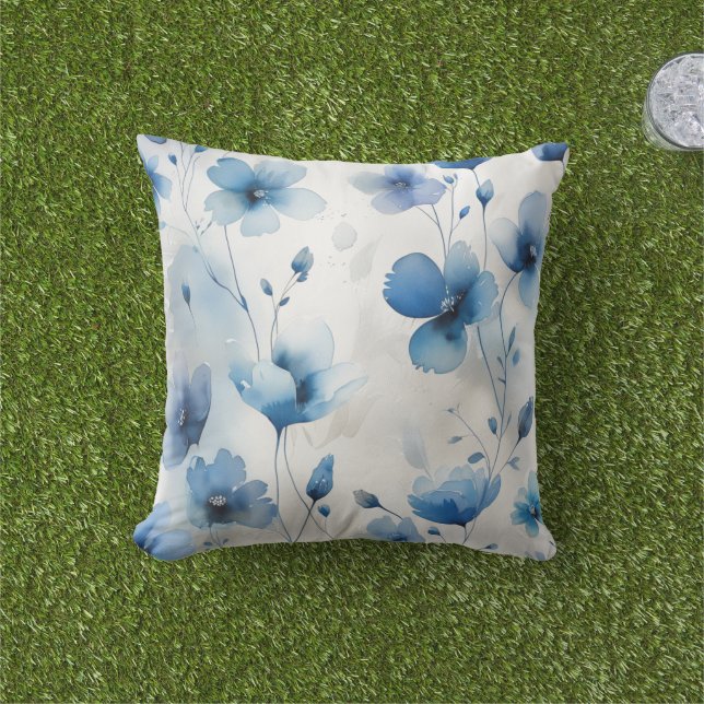 Elegant blue white silver watercolor florals  cushion (Grass)