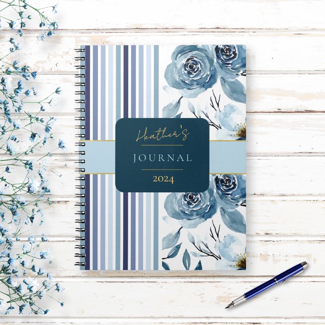 Elegant Blue White Stripe Floral Journal Notebook (Creator Uploaded)