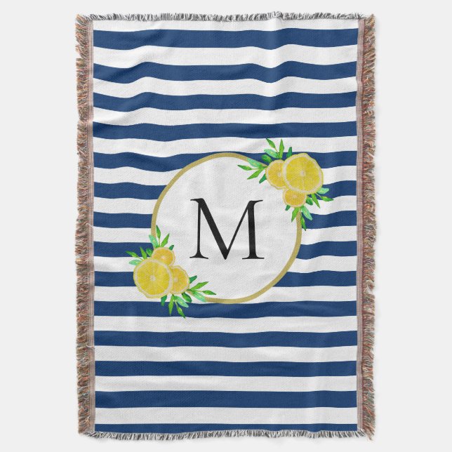 Elegant Blue White Stripes Italian Lemons Monogram Throw Blanket (Front Vertical)