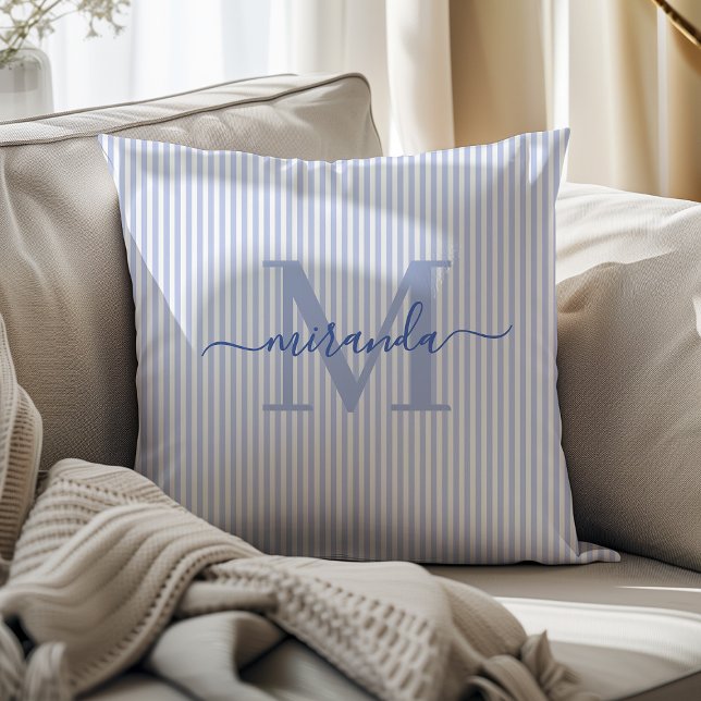 Elegant Blue & White Stripes Monogram Name Cushion (Creator Uploaded)
