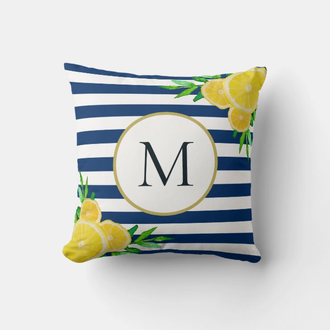 Elegant Blue White Stripes Summer Lemon Monogram Cushion (Front)