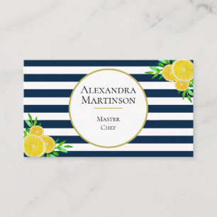 Elegant Blue White Stripes Watercolor Lemons Chef Business Card