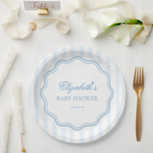 Elegant Blue White Stripes Wavy Scalloped Frame  Paper Plate