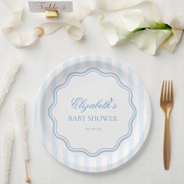 Elegant Blue White Stripes Wavy Scalloped Frame  Paper Plate (Wedding)