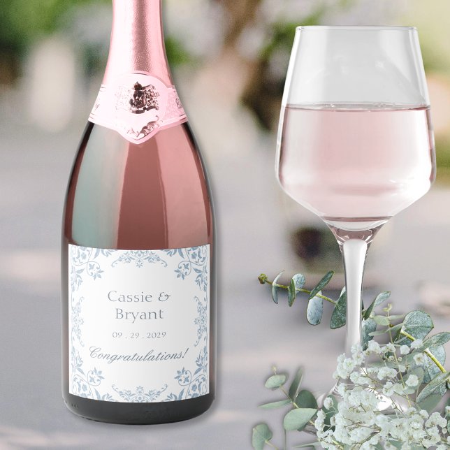 Elegant Blue & White Stylish Wedding Champagne Sparkling Wine Label (elegant blue and white labels for champage bottles with bride and groom name date and congratulation)