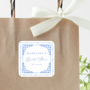 Elegant Blue White Tile Bridal Shower Square Sticker
