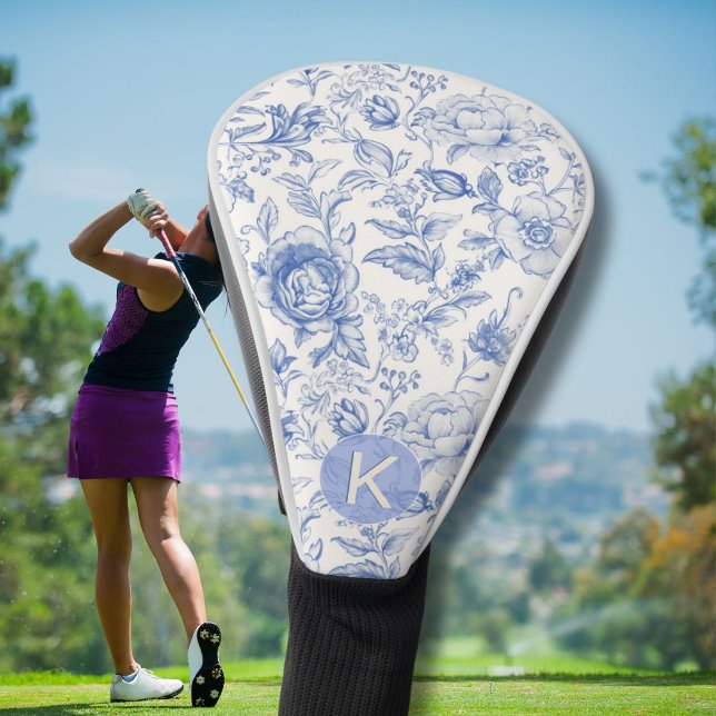 Elegant Blue & White Toile Floral Pattern Monogram Golf Head Cover (Creator Uploaded)
