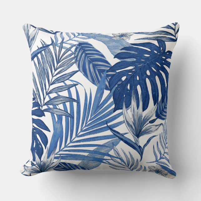 Elegant Blue White Tropical Throw Pillow (Front)