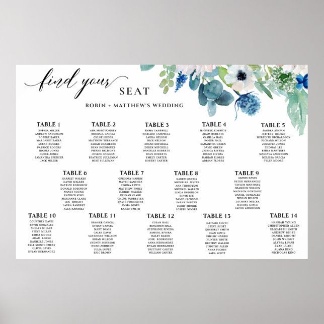 Elegant Blue White Watercolor Floral Seating Chart (Front)
