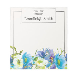 Elegant Blue White Watercolor Garden Floral Notepad