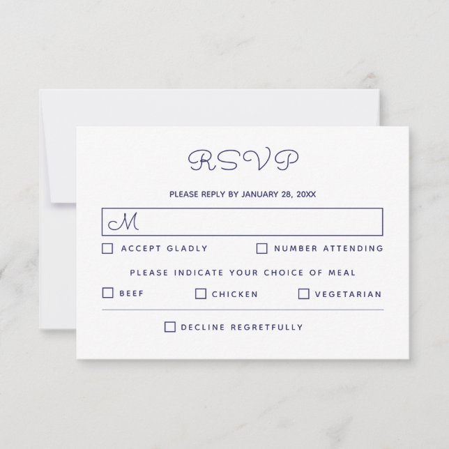 Elegant Blue White Wedding RSVP Card (Front)