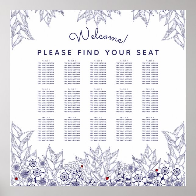 Elegant Blue White Wedding Seating Chart (Front)