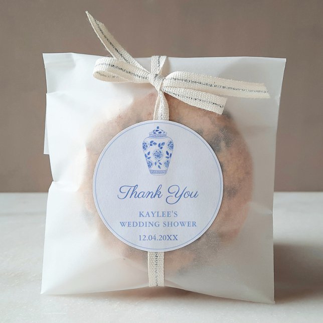 Elegant Blue White Wedding Shower Thank You Favour Classic Round Sticker (Simple Elegant Hand Painted Blue And White Ginger Jar Baby or Bridal Shower Thank You Favor Sticker)