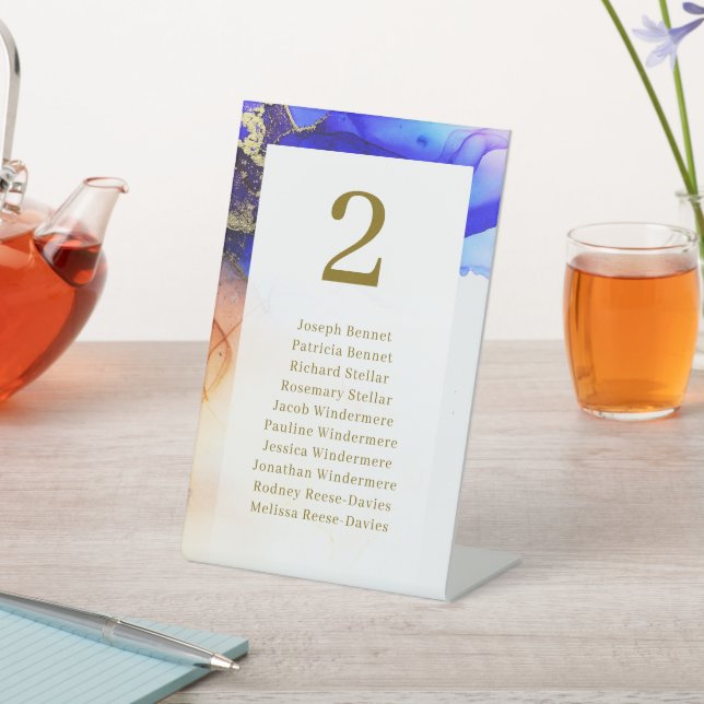 Elegant Blue White Wedding Table Seating Pedestal Sign (In SItu)