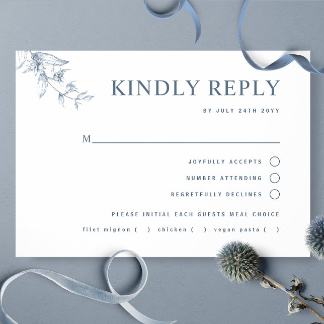 Elegant Blue White Wedding With/without Meal RSVP Card (Creator Uploaded)