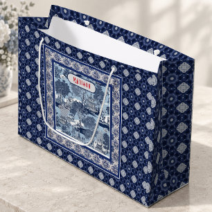 Elegant Blue White Willow Chinoiserie Monogram Large Gift Bag