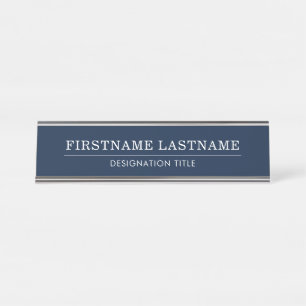 Elegant Blue & White with Name Title Simple Line Desk Name Plate