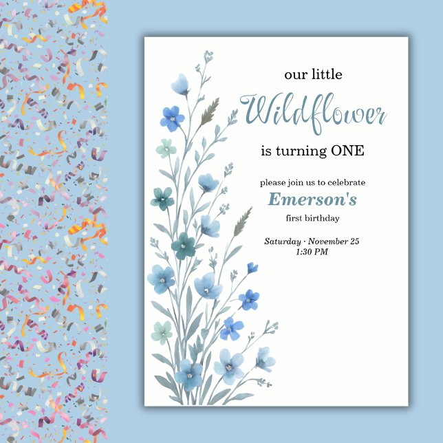Elegant Blue Wildflower 1st Birthday Party Invitation (Creator Uploaded)