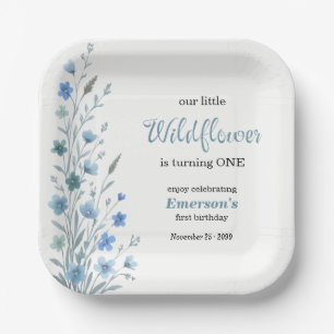 Elegant Blue Wildflower 1st Birthday Party Paper Plate