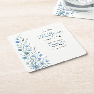 Elegant Blue Wildflower 1st Birthday Party Square Paper Coaster