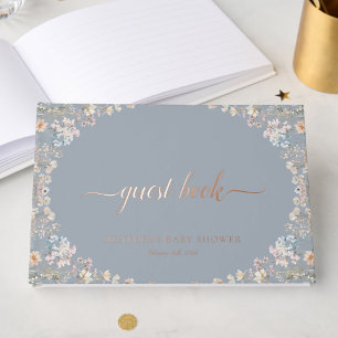 Elegant Blue Wildflower Baby Shower Rose Gold Guest Book