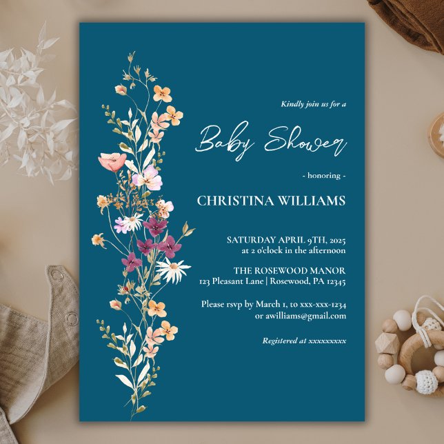Elegant Blue Wildflower Boho Baby Shower Invitation (Creator Uploaded)