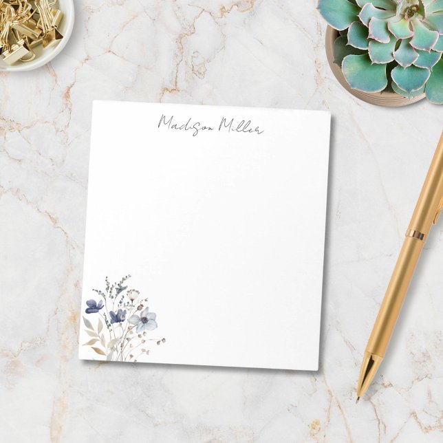 Elegant Blue Wildflower Bouquet Personalised Name Notepad (In situ)