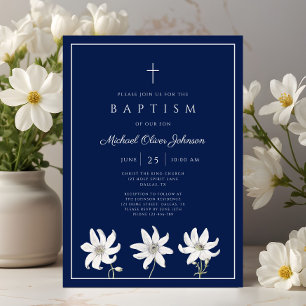 Elegant Blue Wildflower Boy Baptism Invitation