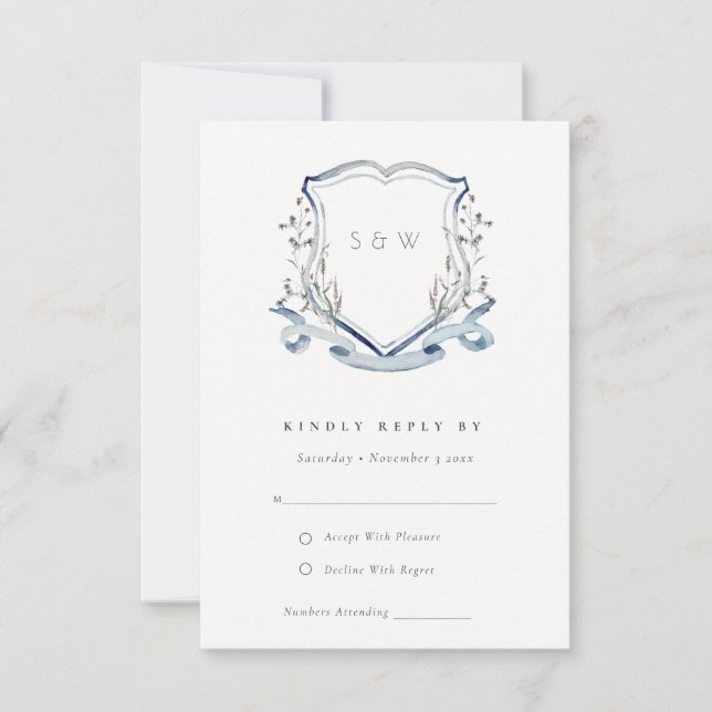 Elegant Blue Wildflower Crest Wedding Details RSVP Card (Front)