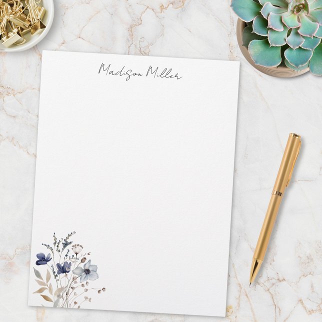 Elegant Blue Wildflower Personalised Name Floral Custom Letterhead (In situ)