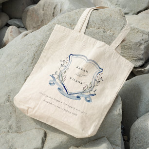 Elegant Blue Wildflower Watercolor Crest Wedding Tote Bag