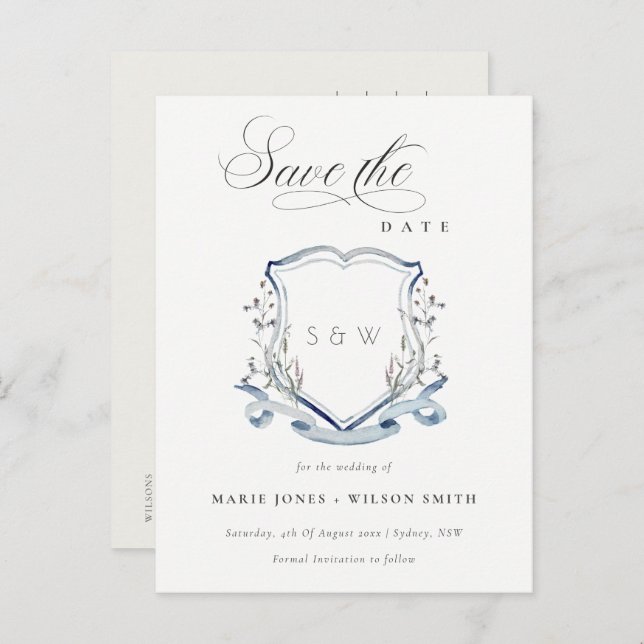 Elegant Blue Wildflower Watercolor Monogram Crest Announcement Postcard (Front/Back)