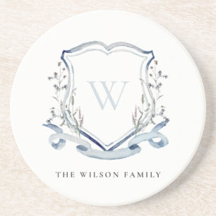 Elegant Blue Wildflower Watercolor Monogram Crest Coaster