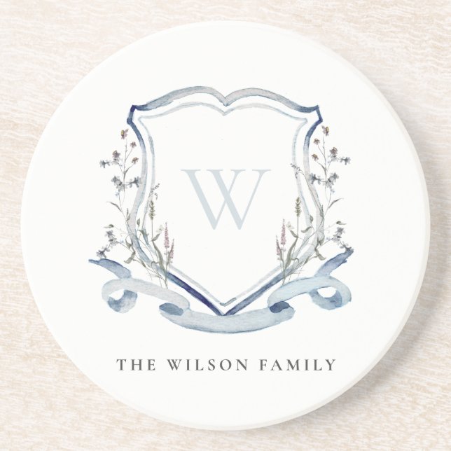 Elegant Blue Wildflower Watercolor Monogram Crest Coaster (Front)