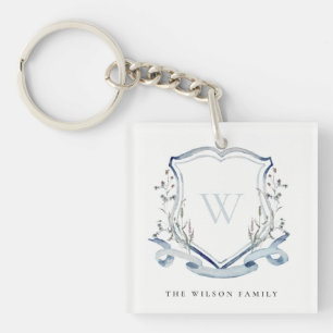 Elegant Blue Wildflower Watercolor Monogram Crest Key Ring