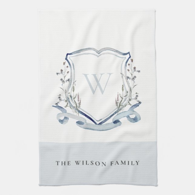 Elegant Blue Wildflower Watercolor Monogram Crest  Tea Towel (Vertical)