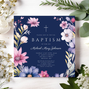Elegant Blue Wildflower Wreath Boy Baptism Invitation