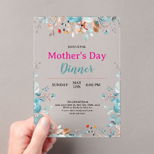 Elegant Blue Wildflowers Black Mother's Day Dinner Acrylic Invitations
