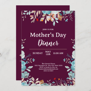 Elegant Blue Wildflowers Black Mother's Day Dinner Invitation