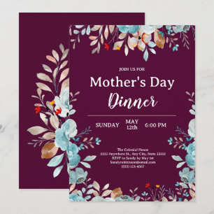 Elegant Blue Wildflowers Black Mother's Day Dinner Invitation