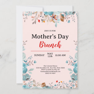 Elegant Blue Wildflowers Pink Mother's Day Brunch Invitation