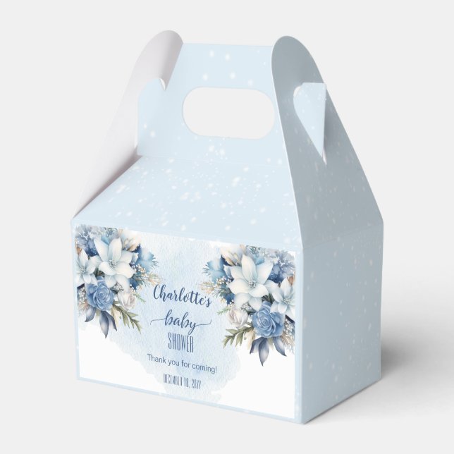 Elegant Blue Winter Floral Boy Baby Shower Favour Box (Front Side)
